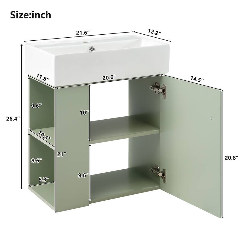 Modern 21.6" Wall-Mounted Bathroom Vanity with Wave-Patterned Door & Rose Gold Handle