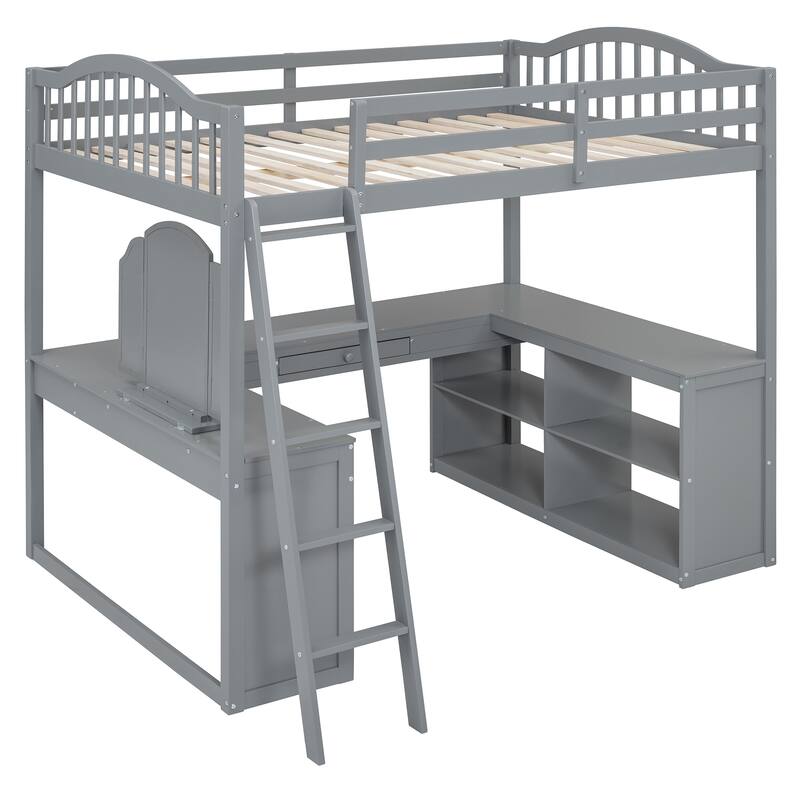 Full Size Pinewood Loft Bed with U-shaped Desk, Storage Compartments, and Tri-fold Mirror