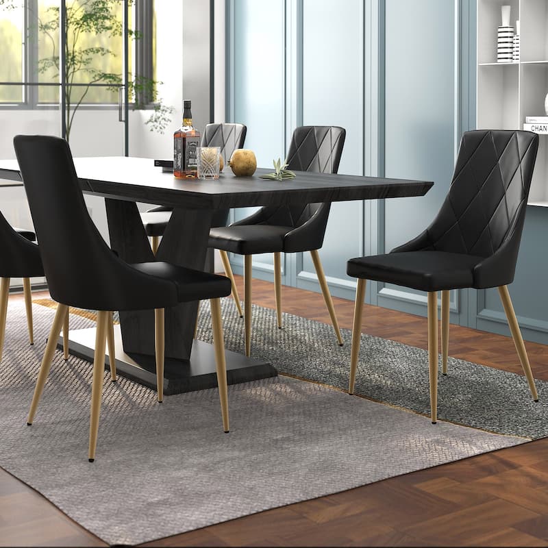 Contemporary Faux Leather and Metal Dining Chair, Set of 4 - Black and Aged Gold
