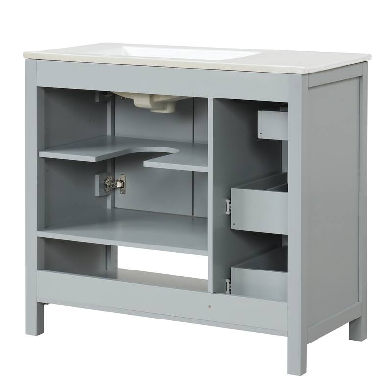 Freestanding Storage Cabinet Bathroom Vanity with Drop-In Sink, Ceramic Top, 2 Doors, 2 Drawers and Open Shelf