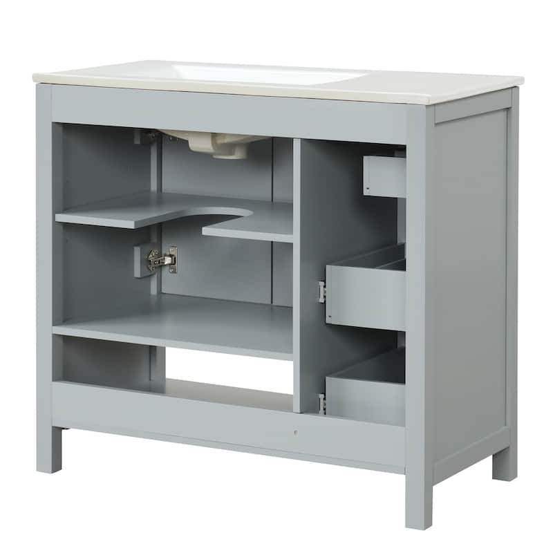 Merax Solid Wood Bathroom Vanity with Ceramic Sink Top & Open Shelf Storage