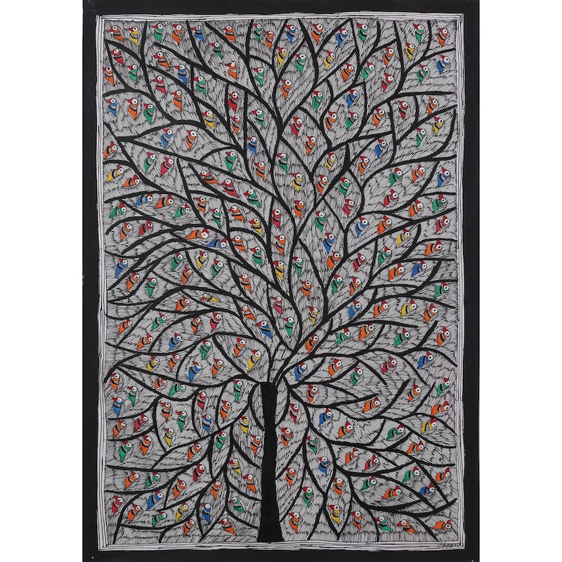 Novica Handmade Parrot Harmony Madhubani Painting