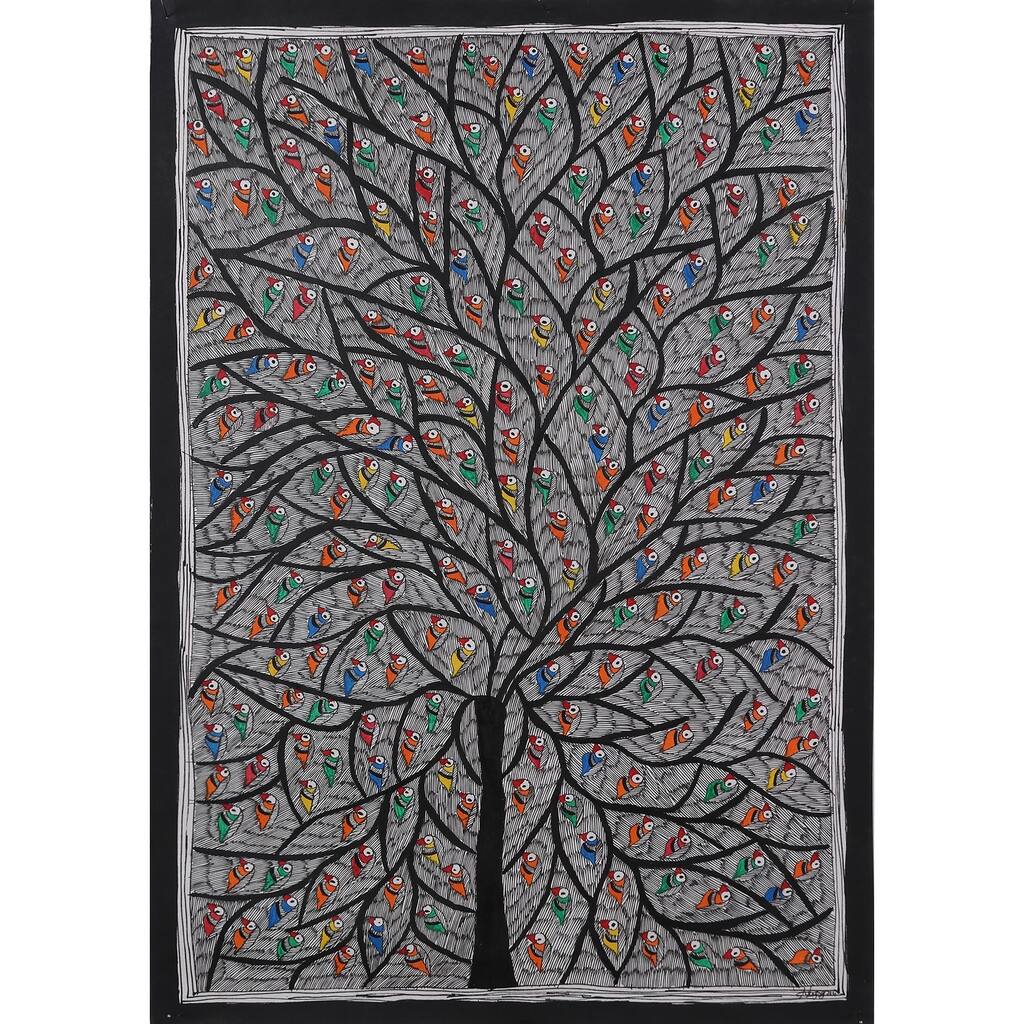 Novica Handmade Parrot Harmony Madhubani Painting