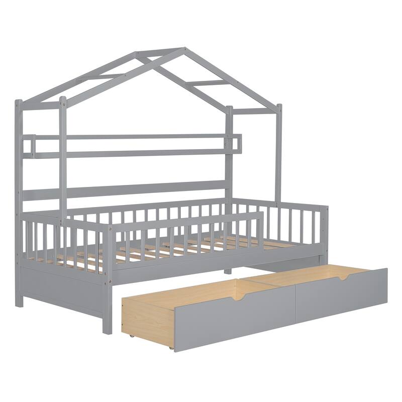 Twin House Bed with Roof, Storage Drawers, and Shelf, Perfect for Kids