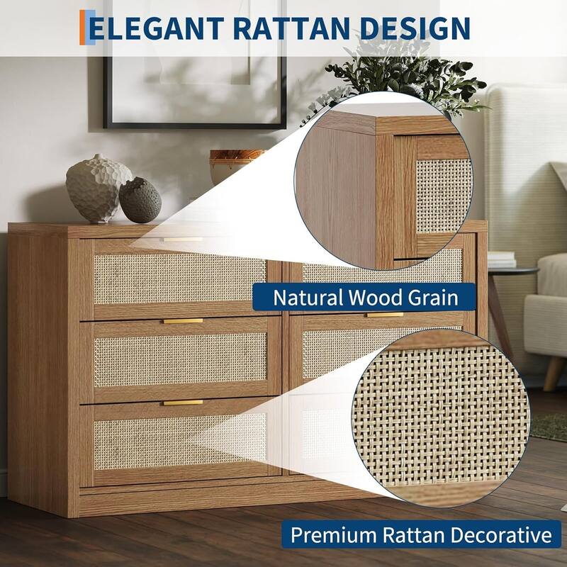 53" Rattan 6-Drawer Boho Dresser TV Stand for Bedroom, Living Room