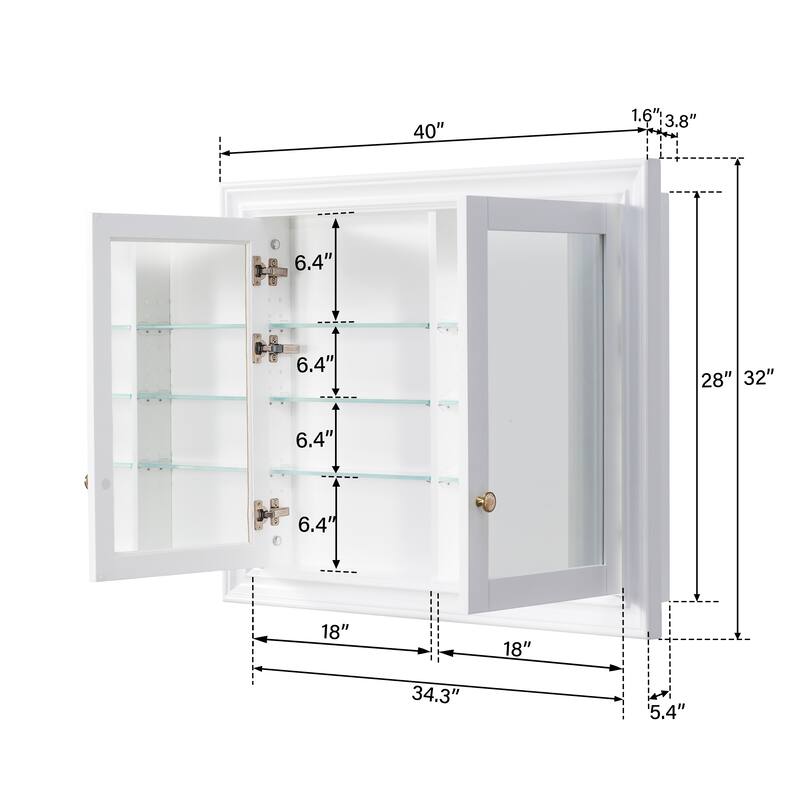 32''H Recessed Mount Solid Wood Framed Medicine Cabinet With Mirror and Shelves