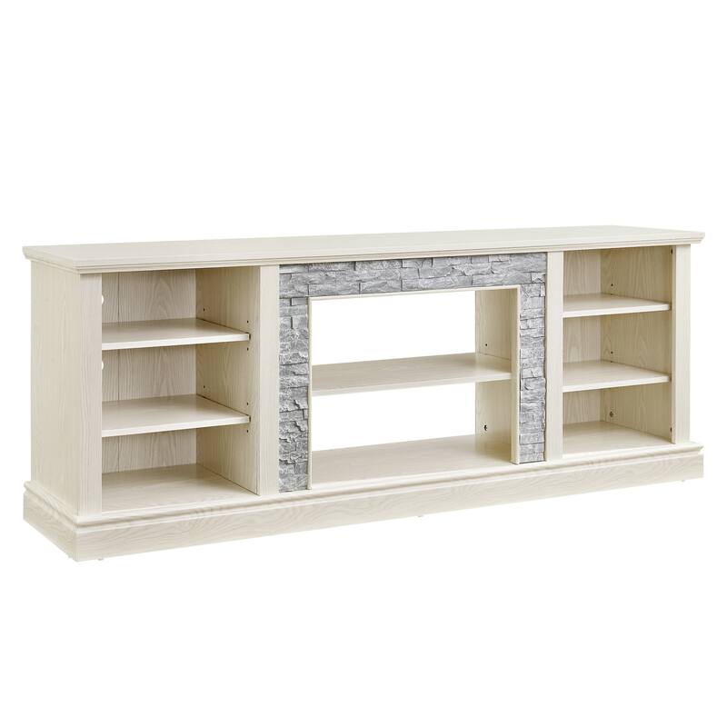Large TV Desk Storage Rack with Faux Stacked Stone Surround,Media Console Table with Large Storage Cabinet