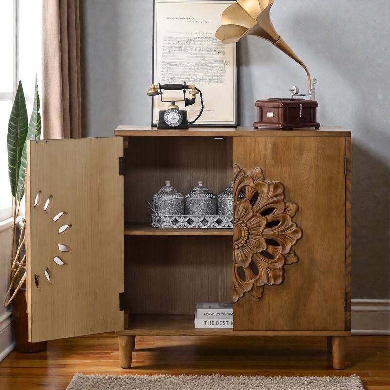 Rustic Hand-Carved Wooden Cabinet with Floral Doors, Boho 2-Door Accent Storage Sideboard for Living Room or Entryway