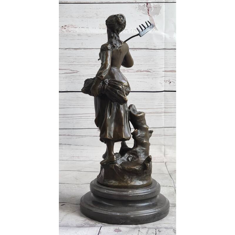 Peasant Farmer Girl W/ Rake Harvest Bronze Statue Sculpture Figure Desmure 12 Inches X 6 Inches