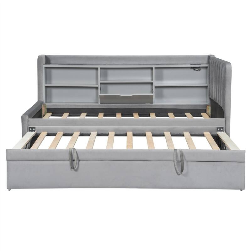 Upholstered Daybed with Twin Size Trundle and Storage Shelves, Twin Size Sofa Bed Frame with USB Ports & Outlet