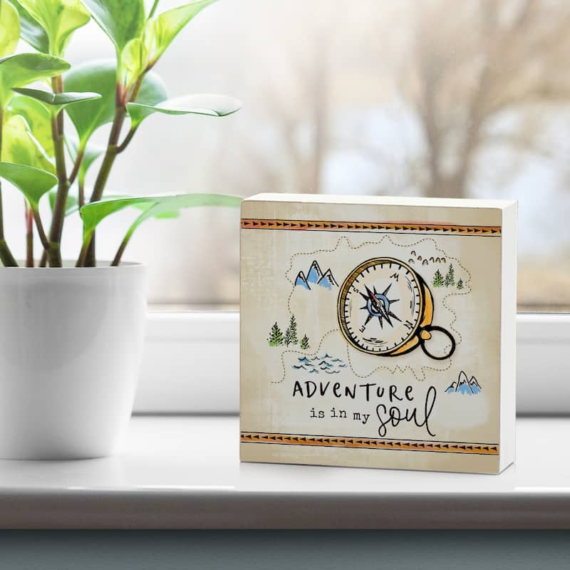 Wood Block Décor Message Adventure in Soul Sign, 3.75 inches Square, Made in The USA - Multi-23