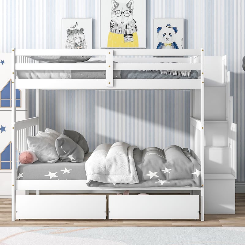 Rustic Full Over Full Bunk Bed with Detachable Beds, Staircase, Safety