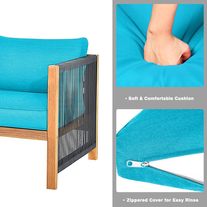 Costway 4PCS Wooden Patio Furniture Set Cushioned Sofa W/Rope Armrest - 4-Piece Sets