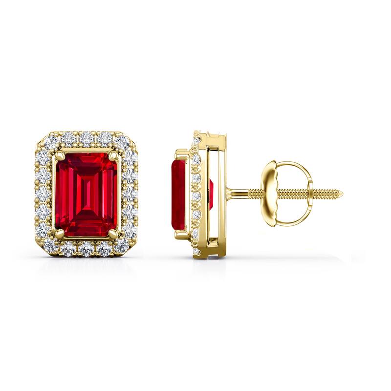 Auriya 14k Gold Lab Grown Gemstone Ruby Stud Earrings Emerald 0.25 to 5.00 ct. tw. Halo Screw-Back - 3.00ct tgw. - Yellow