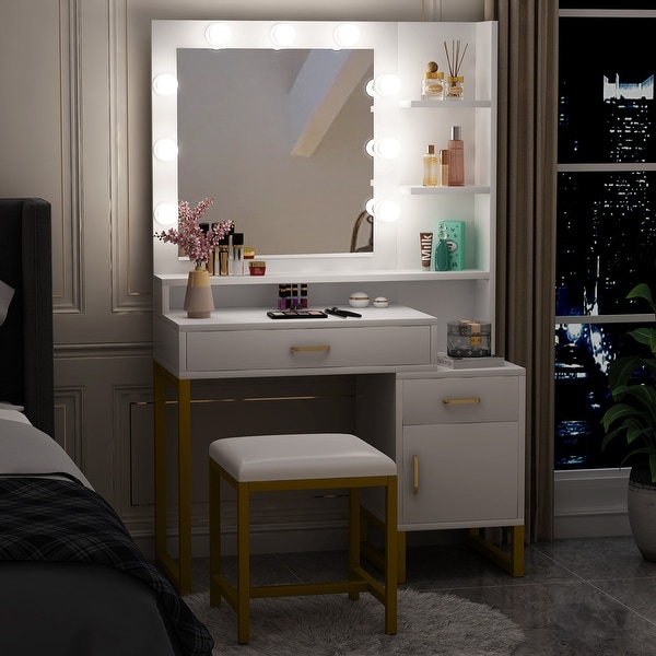 white dressing table with mirror lights and stool