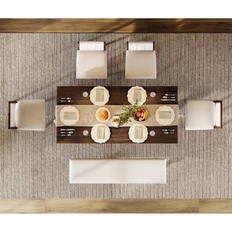 6-pieces Farmhouse Dining Table for 6, 74.8" Kitchen Table Set with 4 Chairs and Bench, Solid Wood Legs and Cushion Seat