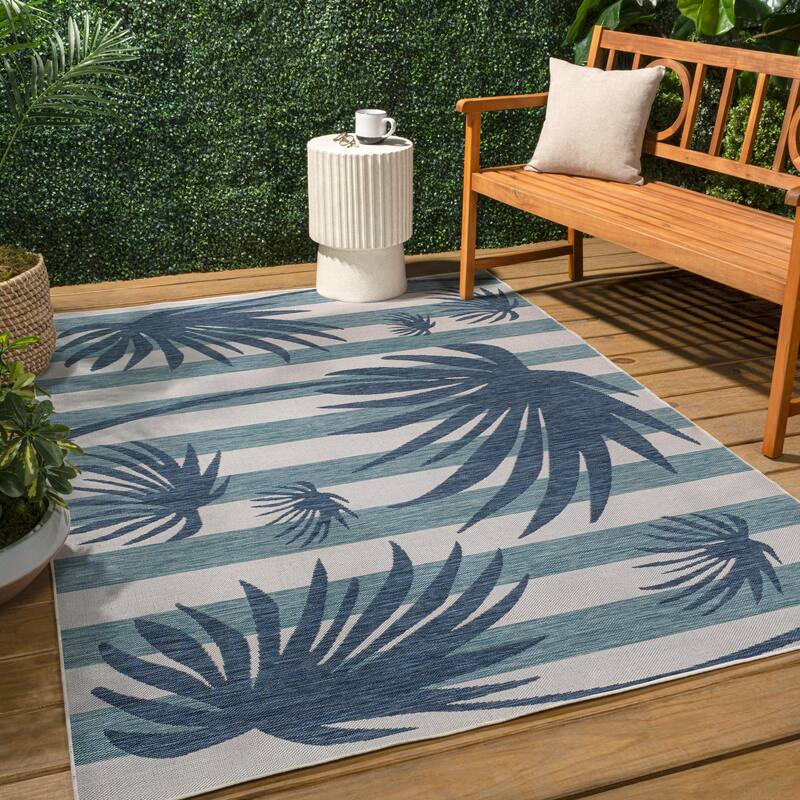 JONATHAN Y Veronica Classic Beach Stripe and Palm Leaf Indoor/Outdoor Area Rug