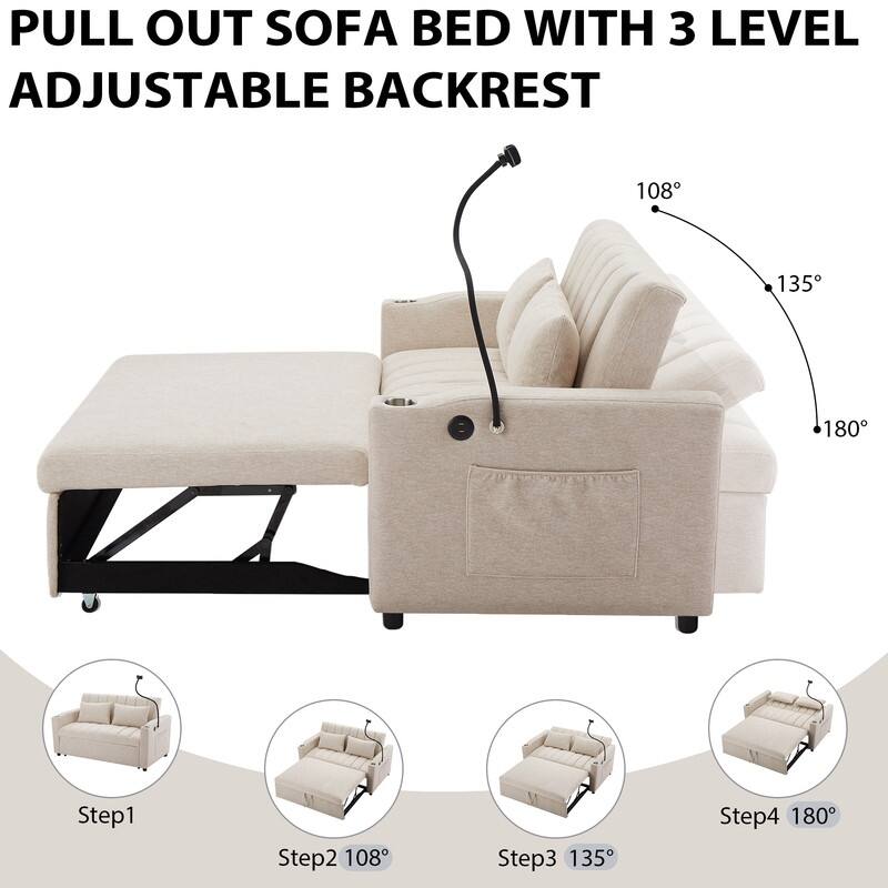 55.9" Convertible Sofa Bed Loveseat Sofa with Three USB Ports, Two Side Pockets, Two Cup Holders and 360°Swivel Phone Holder