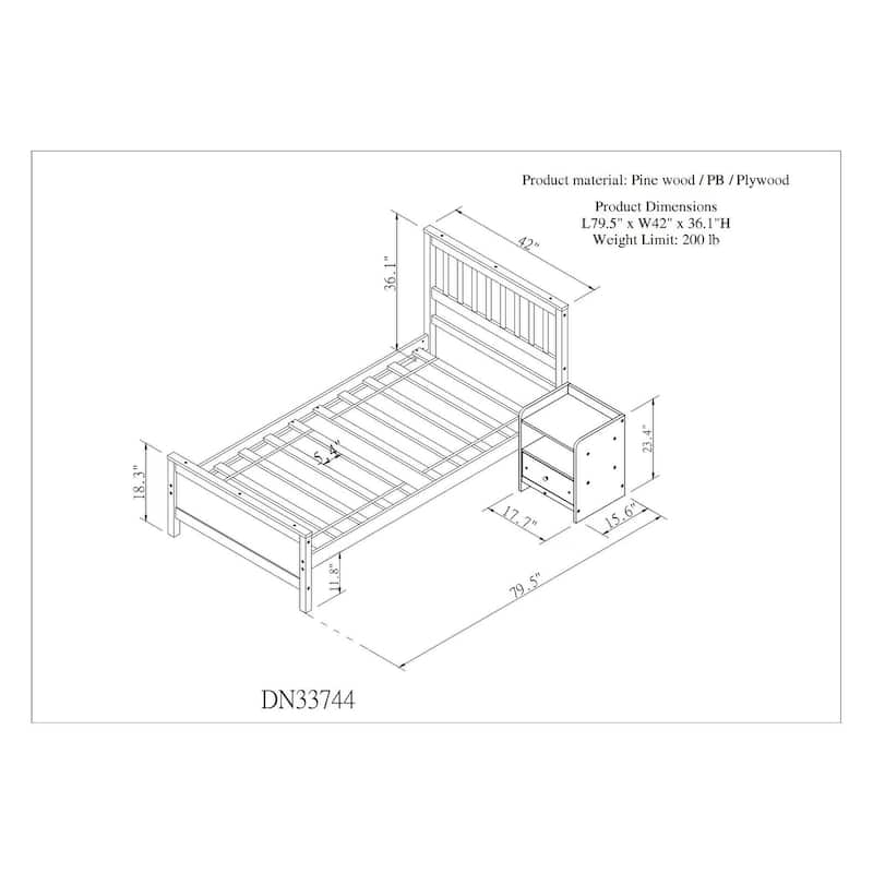 White Twin Size Platform Pine Wooden Bed with Headboard and Footboard for Kids or Bedroom