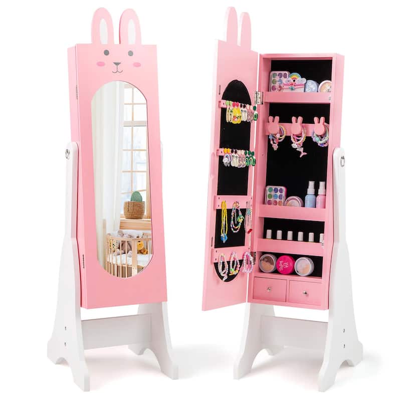 Costway Kids Jewelry Cabinet Standing Children Jewelry Organizer with - See Details - Pink