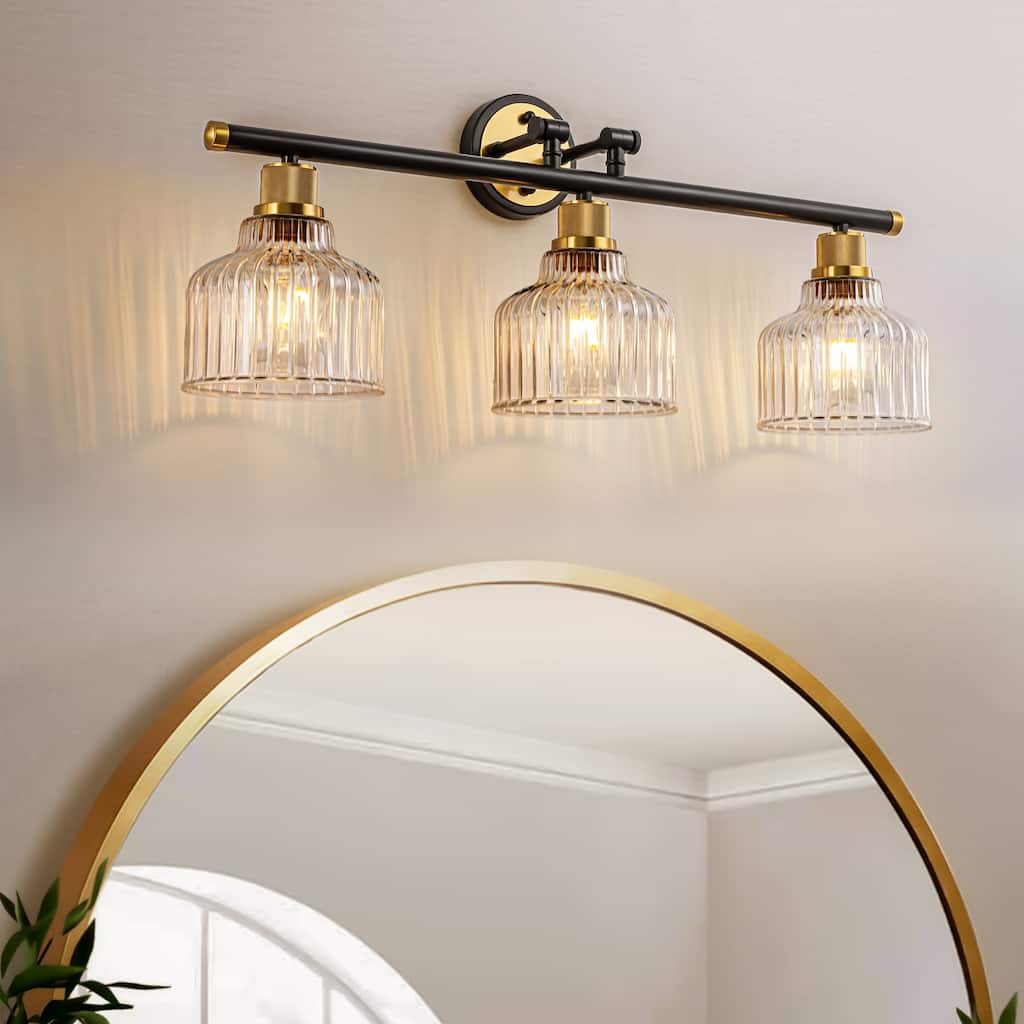 3-Light Modern Black and Gold Dimmable Bathroom Light Fixtures with Textured Glass Shade