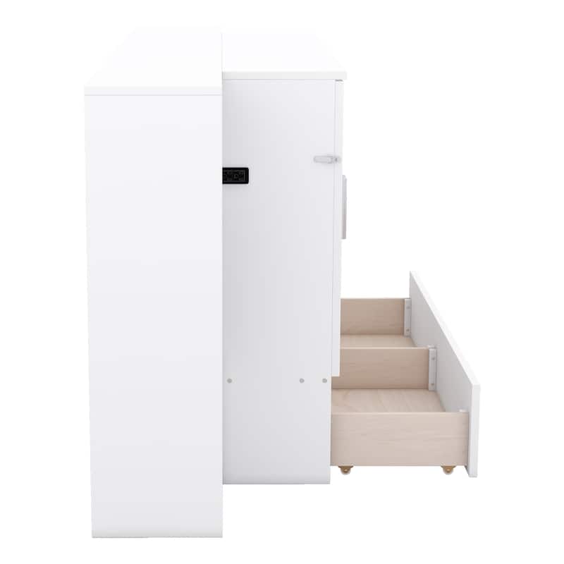 White Full Size Murphy Bed with Shelves, Drawers, USB Ports