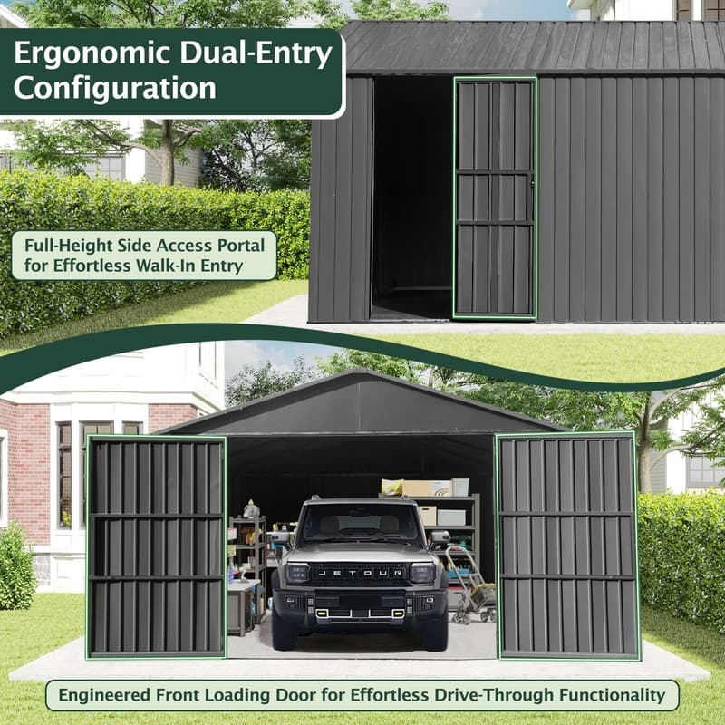 Domi 12x15FT Outdoor Metal Garage Shed,Extra Large Metal Carport with Lockable Double Doors,Heavy Duty Car Shelter,Dark Grey