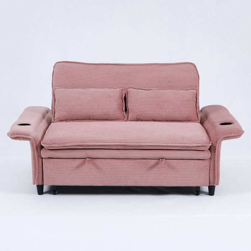 65.74-inch Pink Letter Striped Corduroy Multifunctional Sofa Bed with Adjustable Armrests and Backrests