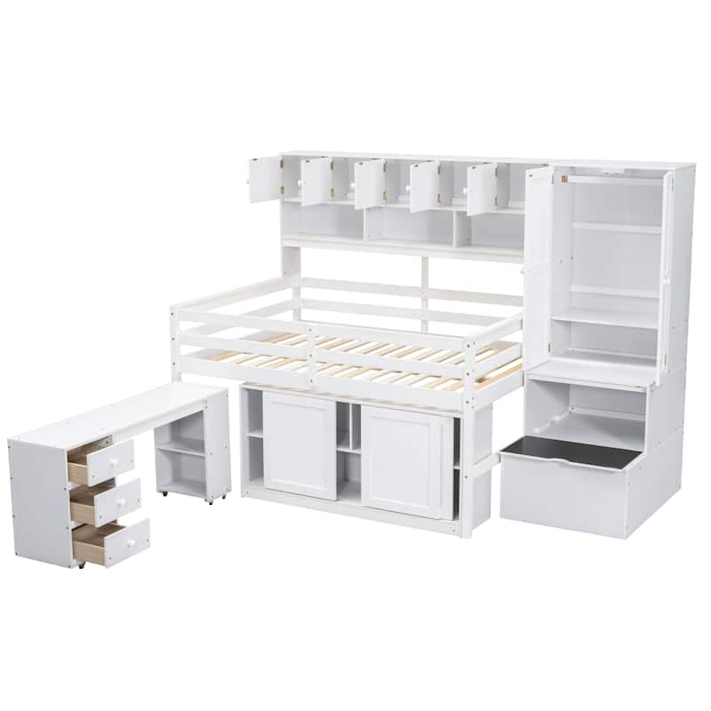 Full Size Wooden Loft Bed Big Storage with Under-Bed Desk, with Drawers, with Shelves, White