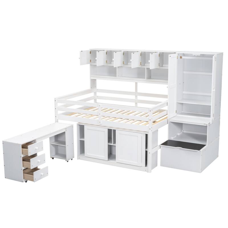 White Full Size Wooden Loft Bed with Integrated Wardrobe, Under-bed Desk, Drawers, with Shelves