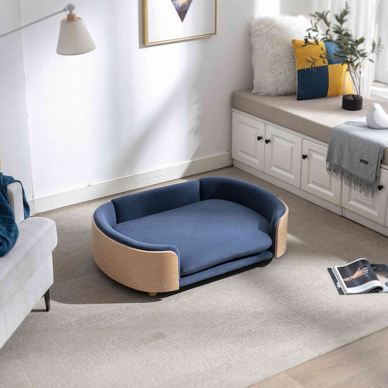 Dog Bed Pet Sofa With Solid Wood legs and Bent Wood Back, Velvet Cushion, Large Size - Blue