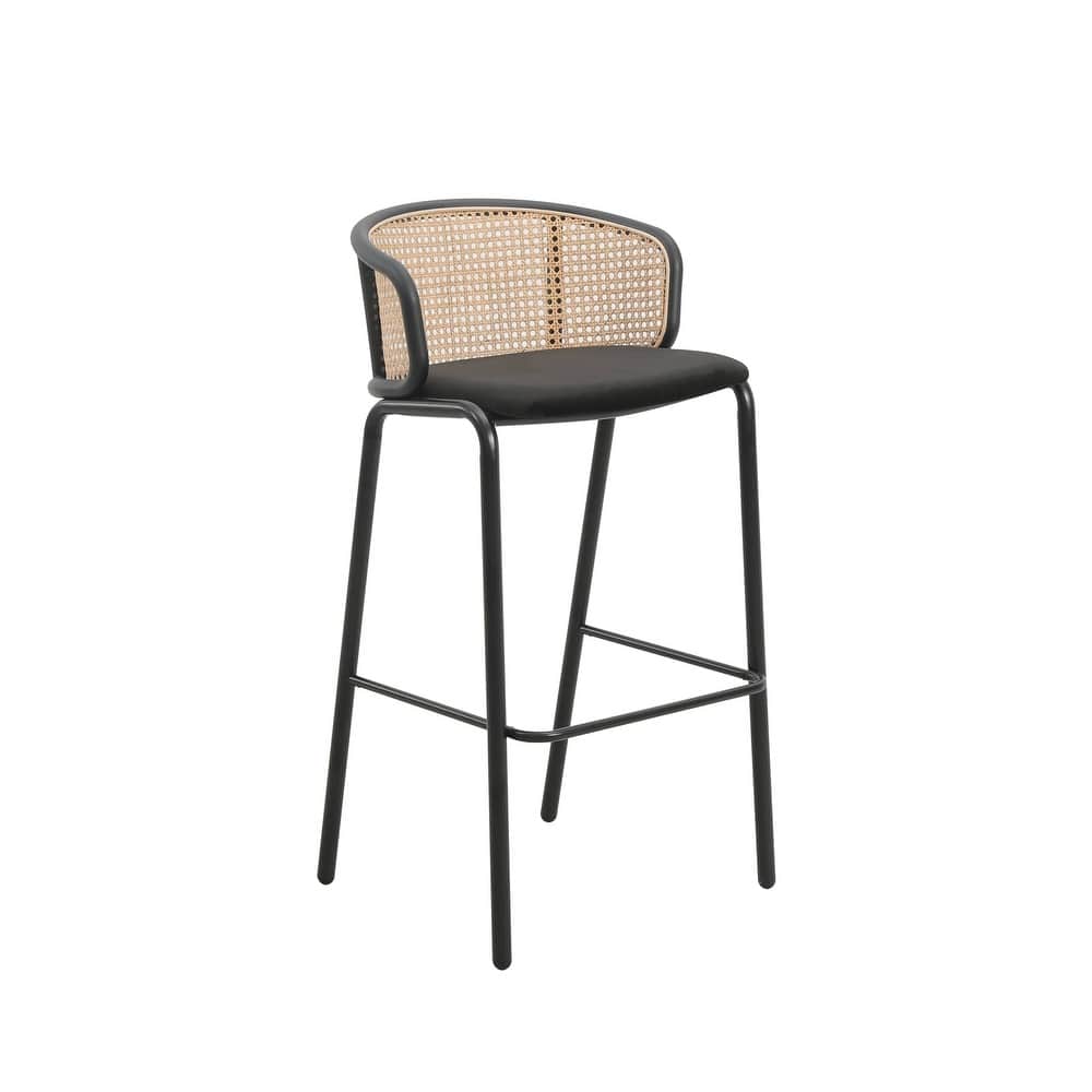 Ervilla Mid-Century Modern Low-Back Wicker Bar Stool with Fabric Seat and Black Powder-Coated Steel Frame for Kitchen and Dining