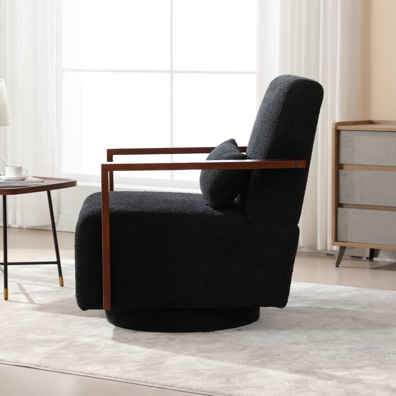 Mid-Century Boucle Upholstered Swivel Armchair With Pillow