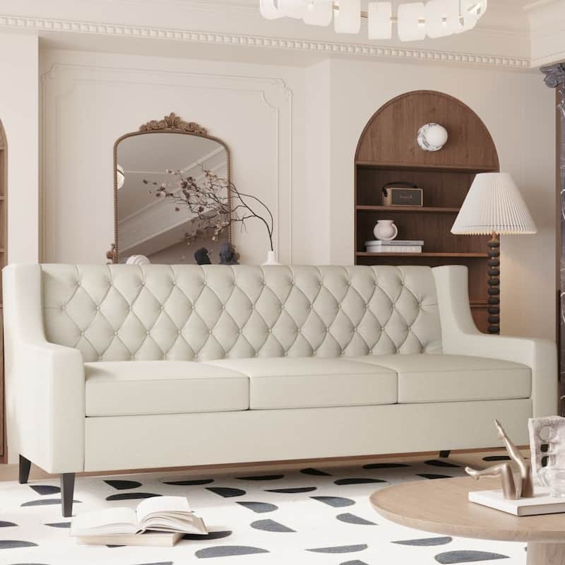 Mid Century Modern Button Tufted Backrest Foam Couches - Beige