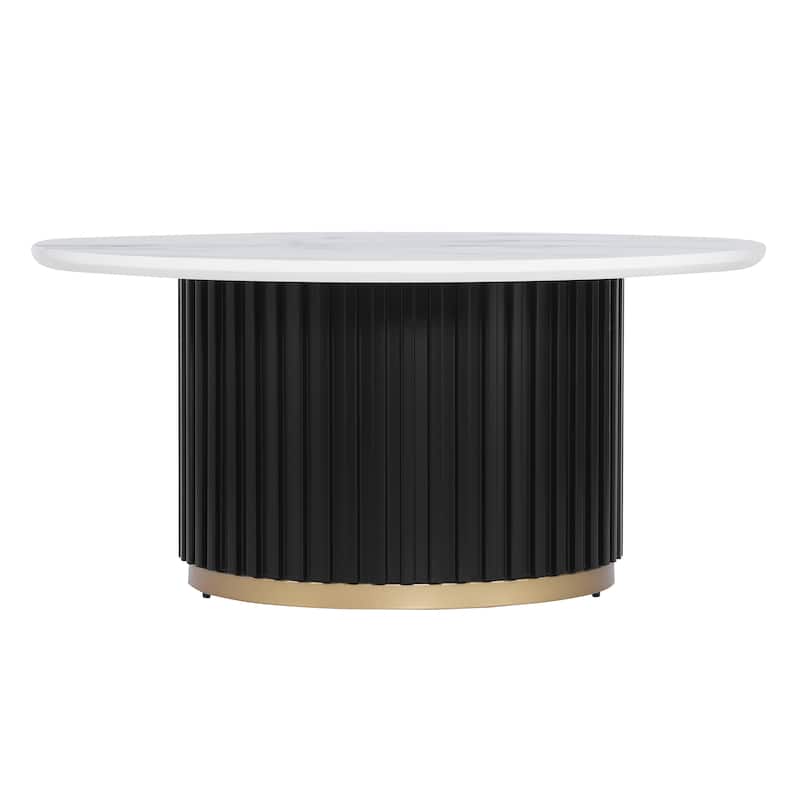 Christopher Knight Home - Marceline Modern 33.46" Round Coffee Table with Fluted Metal Pedestal Base & Subtle Gold Accent