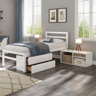 Twin Size Wood Platform Bed with Removable Shelves, 2-Storage Drawers, White