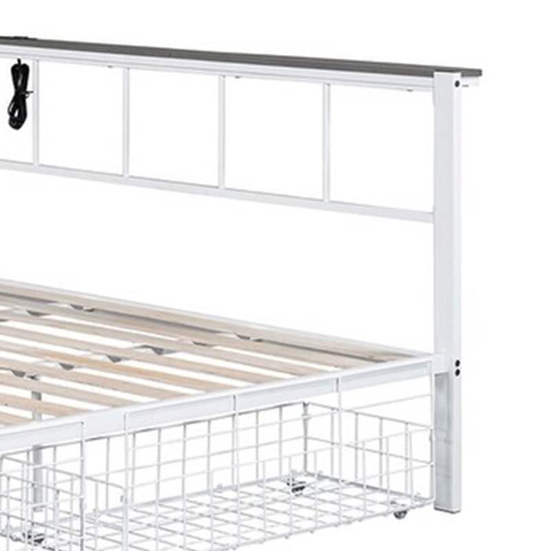 Nix Queen Size Bed w Underbed Storage, Slatted White Metal Headboard