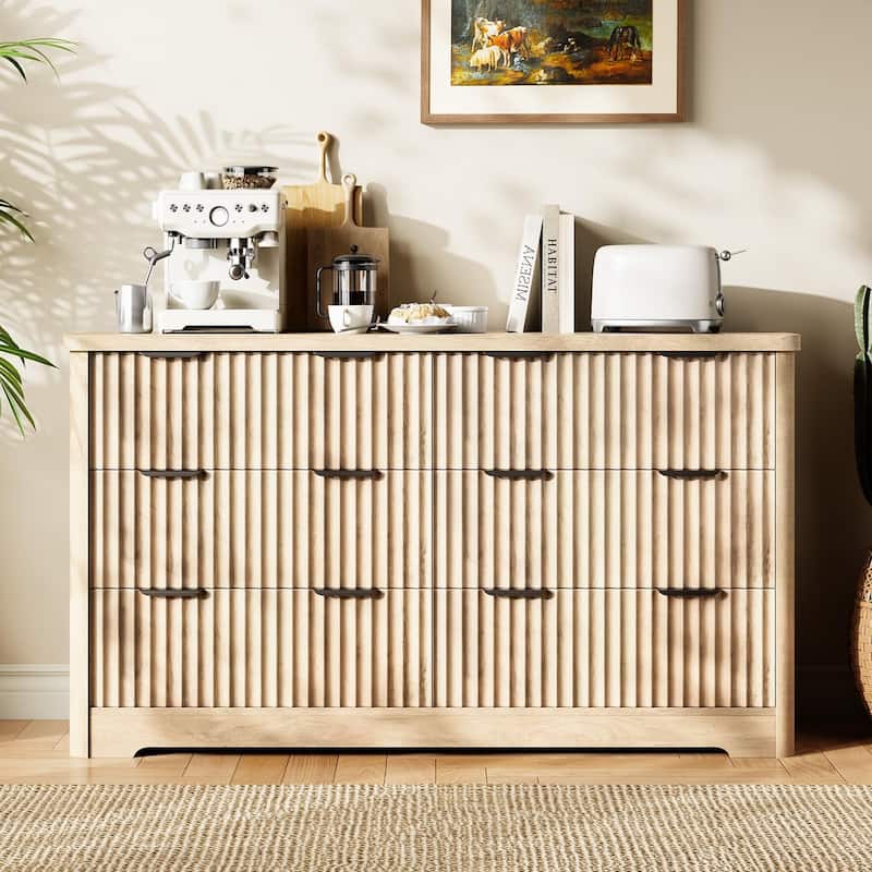 6 Drawer Dresser, Modern Fluted Dressers for Bedroom, Wooden Dresser & TV Stand,Clothes Storage