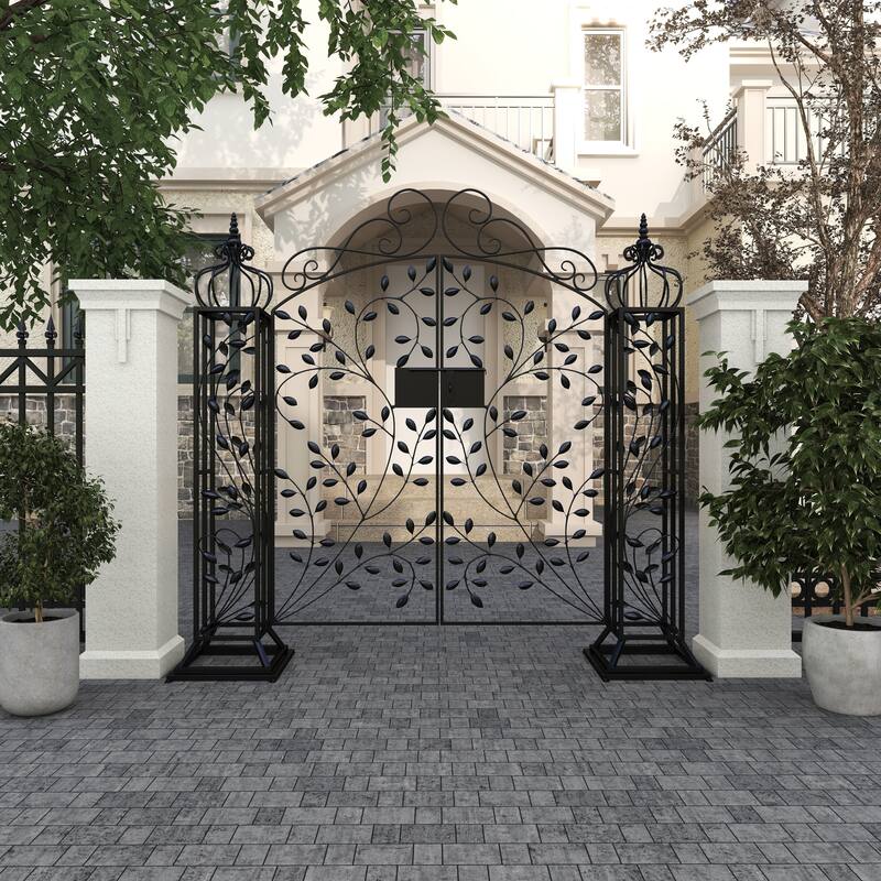 Black Metal Indoor Outdoor Scrollwork Arched Gate Garden Arbor with Vines and Latch Lock Closure