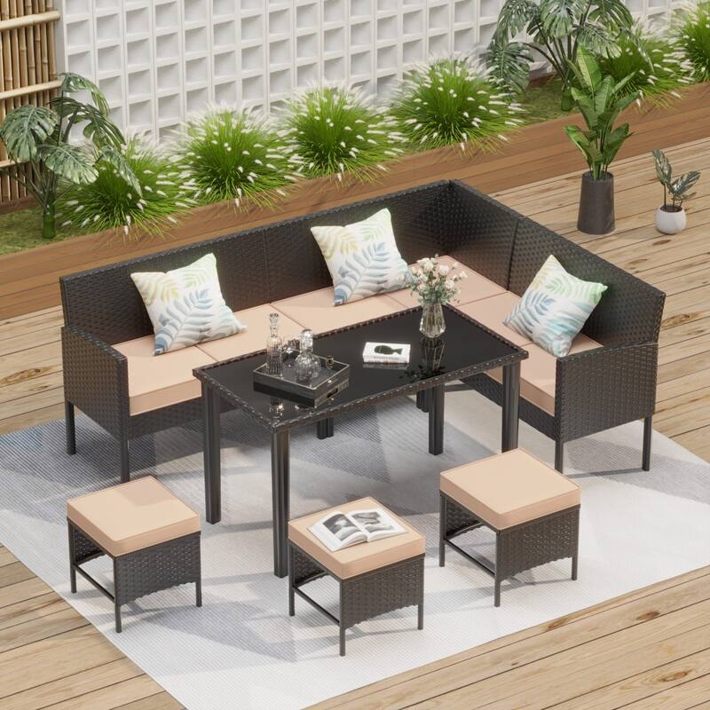Modern Outdoor 7-piece All-weather Rattan Sofa Set with Waterproof Seat Cushion - Khaki