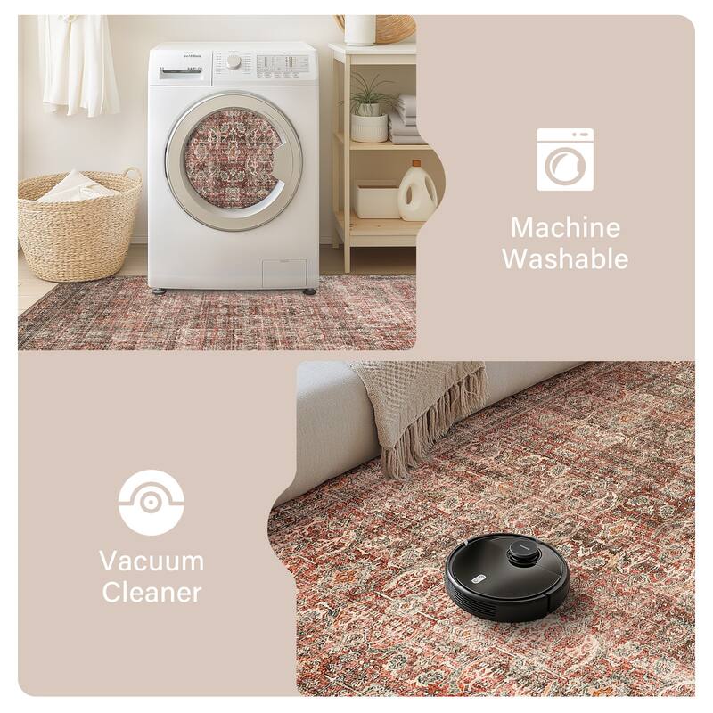 Mcow Vintage Floral Low-Pile Machine Washable Non-Slip Area Rug