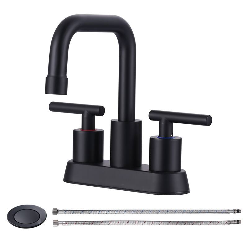 WOWOW 4 in. Centerset Double Handle Bathroom Faucet with Drain Kit - Matte Black