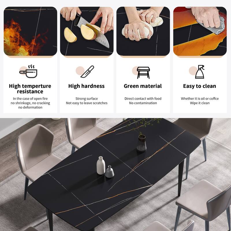 70.87"Modern artificial stone curved black metal leg dining table-can accommodate 6-8 people