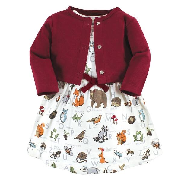 slide 1 of 1, Touched by Nature Baby Girls Organic Cotton Dress and Cardigan, Woodland Alphabet 0-3 Months - Woodland Alphabet