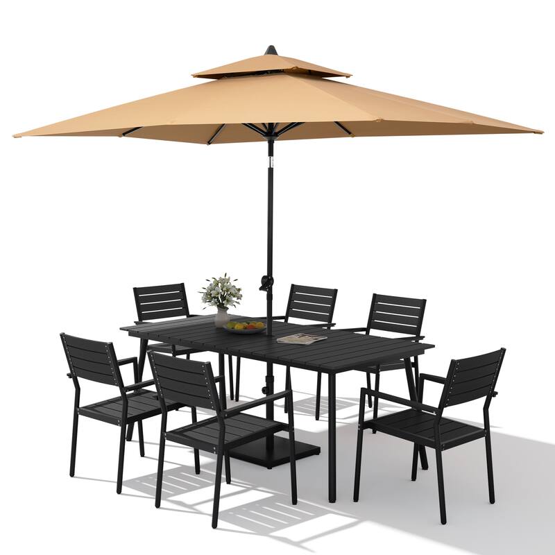 9PC Outdoor Patio Dining Set Aluminum Table with Stackable Armchairs w/ Market Umbrella Set