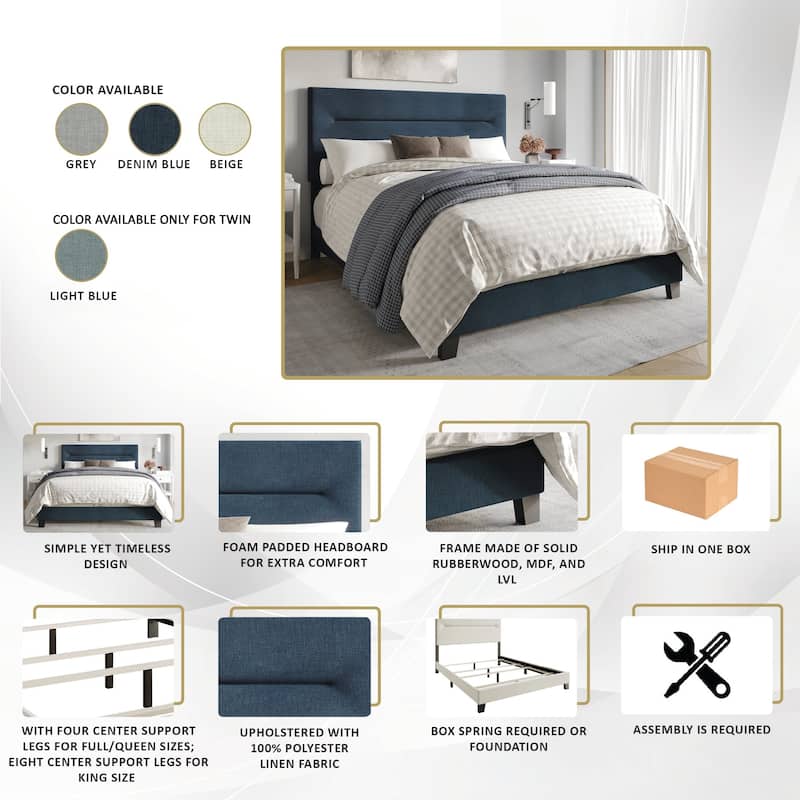 CraftPorch 4-pieces Contemporary Blue Bed with Light Grey Furniture Bedroom Set