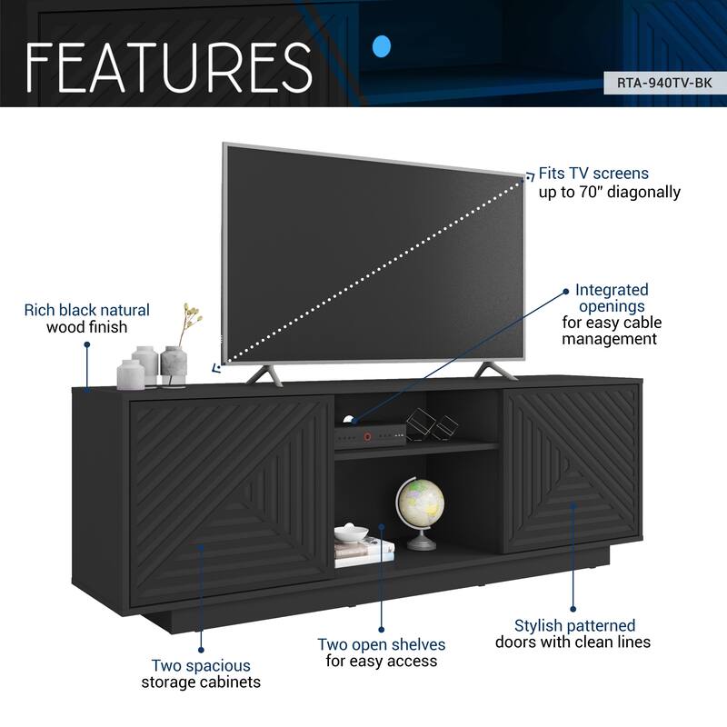 63" Modern TV Stand with Storage for 70" TV, Stylish Patterned Doors, Black & Oak Finishes, Cable Management Console
