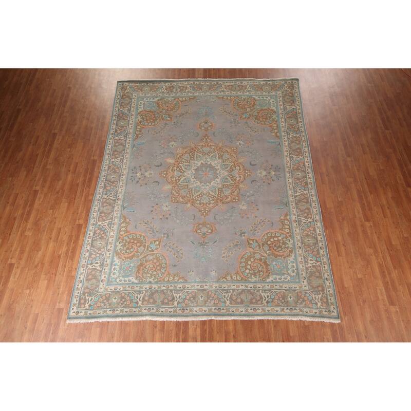 Tabriz Persian Vintage Rug Hand-Knotted Traditional Gray Wool Carpet - 9'5"x 12'4"