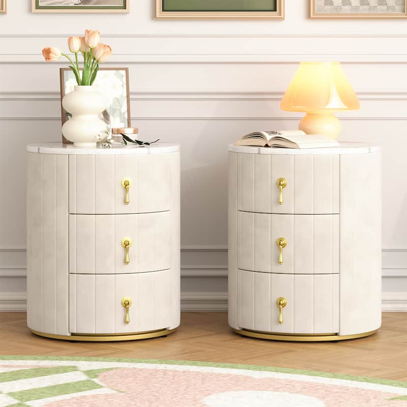 Upholstered Nightstand with 3 Drawers and Metal Handles (Set of 2)