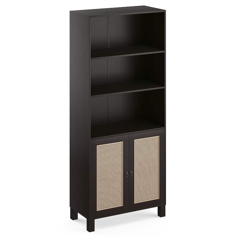 Tall Bookcase with Rattan Doors,5 Tier Storage Wood Shelves Large Bookshelf for Library Living Room Bedroom Home Office